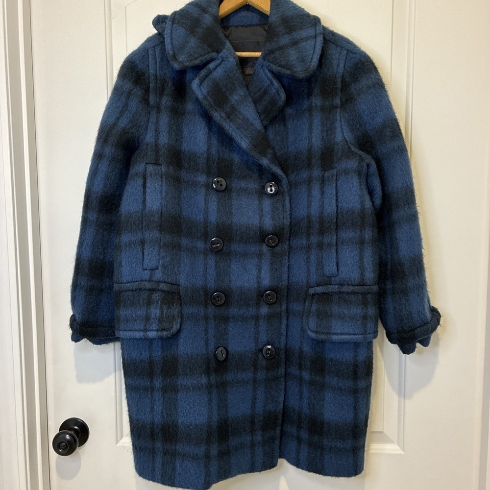 Coach Womens Blue Black Plaid Wool Alpaca Blend Double Breasted Pea Coat Size M